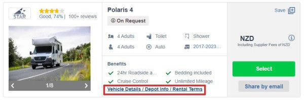 A screenshot of search results with the vehicle details link highlighted.