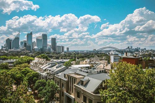 Aerial view of the city buildings in Sydney, New South Wales.